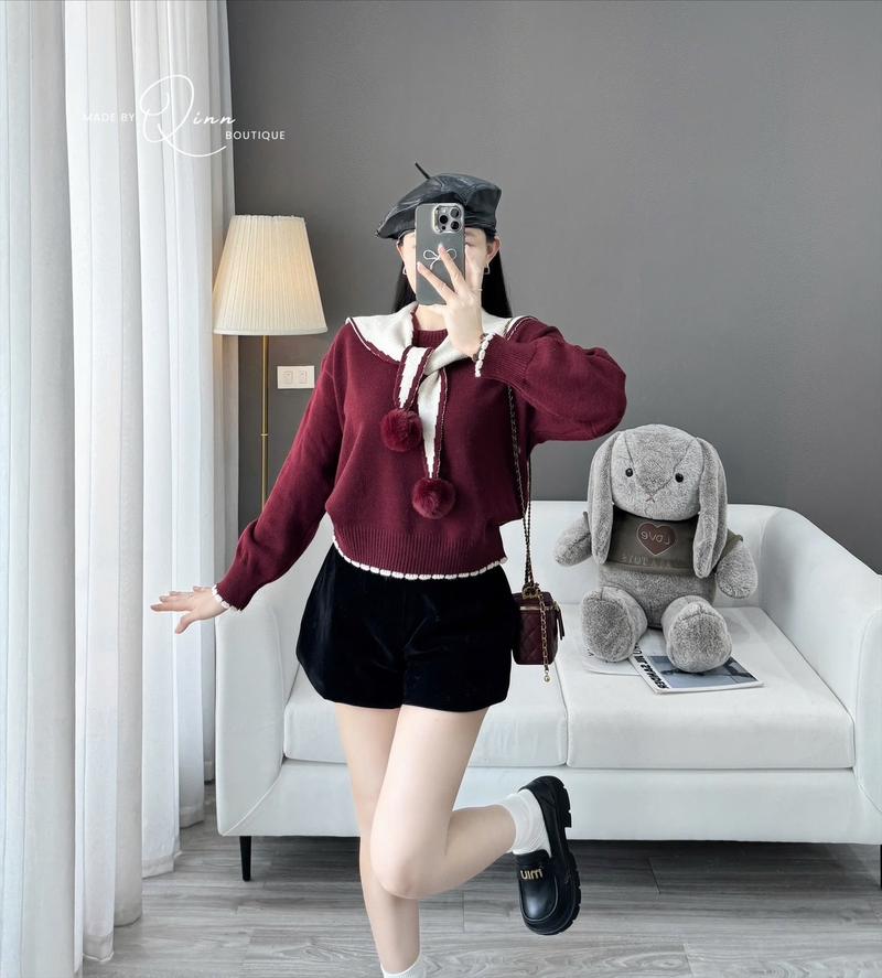 Product Introduction of Áo Len Kẻ Viền Khăn Choàng Siêu Xinh - Kèm Ảnh+Video Cận Chất Qinn Tự Chụp - Hàng QCCCL1 [New Hot] Nữ Women 8