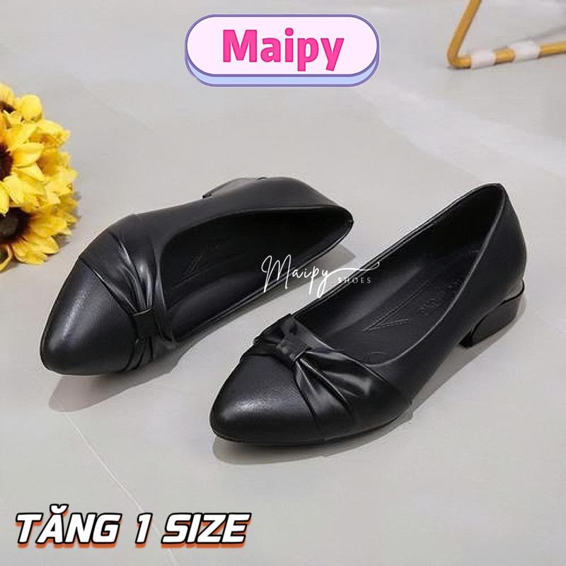 TĂNG 1 SIZE Giày búp bê Nơ nữ nhựa dẻo đế cao 3cm đi mưa đi làm công sở êm chân chống trơn trượt - Maipy G073 Đen