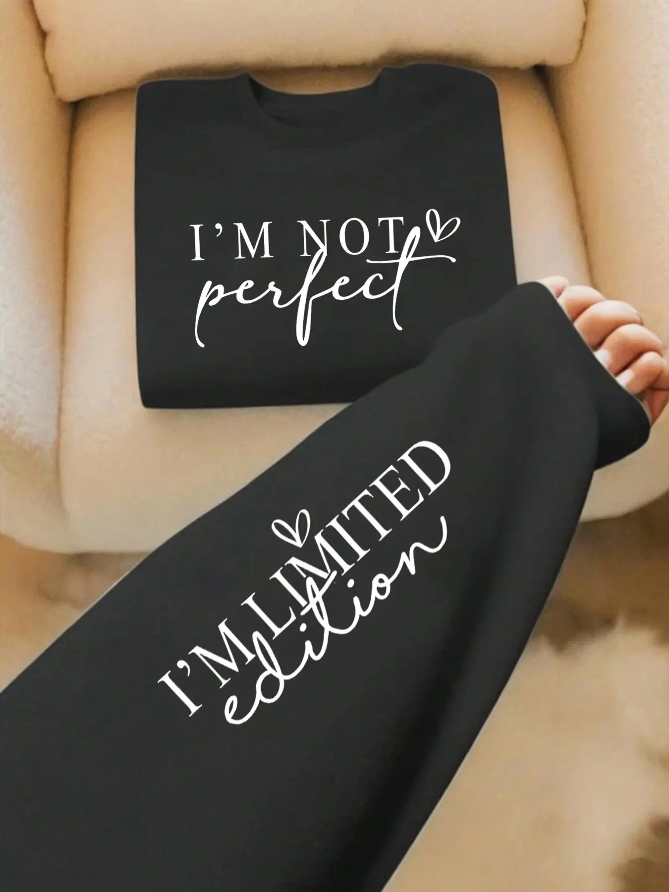 Women's Slogan & Heart Print Drop Shoulder Sweatshirt, Casual Long Sleeve Round Neck Pullover for Fall & Winter, Women's Clothes for Daily Wear,  Tops for Women