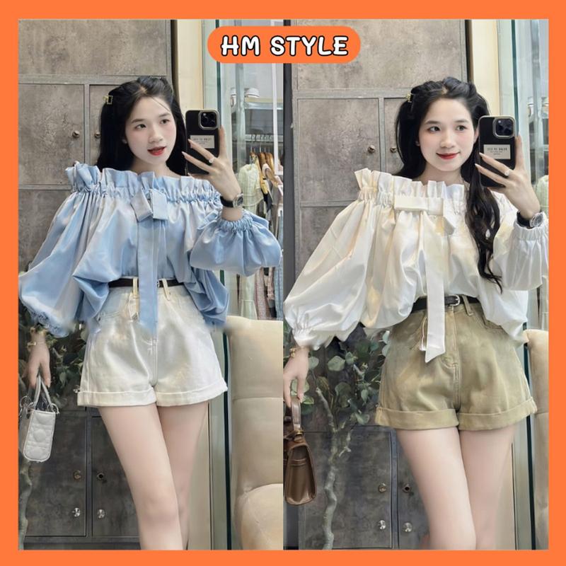 Áo trễ vai tay bồng đính nơ dáng bí phối viền bèo áo hở vai nơ ᵰgực bánh bèo chất thô hàn HA325
