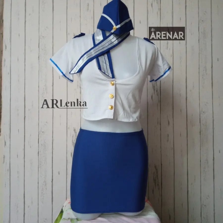 ARENAR SKA31 Lingerie Kostum Set Baju dan Rok - Costume Play Flight Attendant - Lingerie Cosplay Biru Tipis Transparan Dress