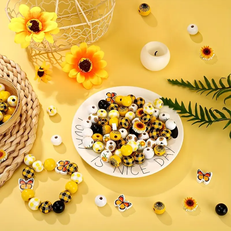 Sunflower Themed Beads Making Kit, 100pcs/set Mixed Colorful Beads & Sunflower Charm, DIY Jewelry Making Supplies for Necklace Earring Bracelet Making 3