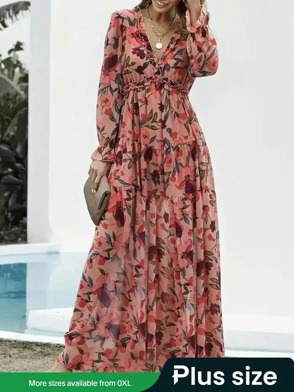 【Plus Size】 Floral Print V Neck Dress, Casual Fashion Long Sleeve Dress for Daily Outdoor Wear, Women Clothing for Spring Fall, Spring Dresses 0