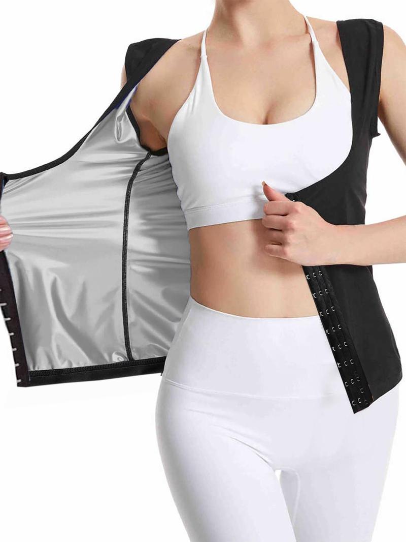 Product Introduction of Women's Solid/Camo Buckle Front Sauna Vest, Casual Sporty Tummy Control Sleeveless Tank Top for Running Training, Ladies Sauna Suit for All Seasons 1