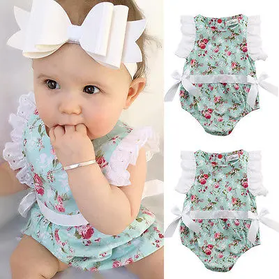 Newborn Baby Girls Lace Flower Romper Round Neck Button Closure Jumpsuit Summer Clothes