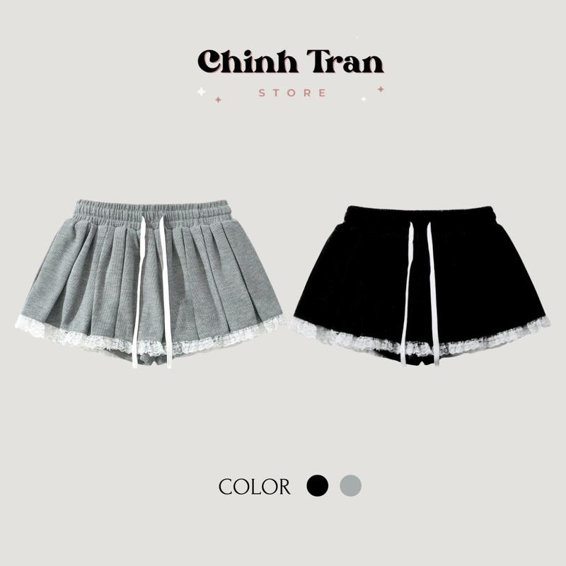 Chân Váy Xếp Ly Nữ Phối Ren Chất Thun Gân Năng Động Basic