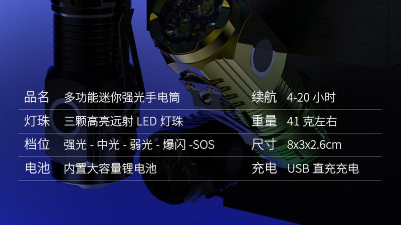 Product Introduction of Summer Cool Trendy New Power Torch Super Bright Outdoor Mini-Portable Long Shot Rechargeable Long Endurance Three-Eye Monster Flashlight 15