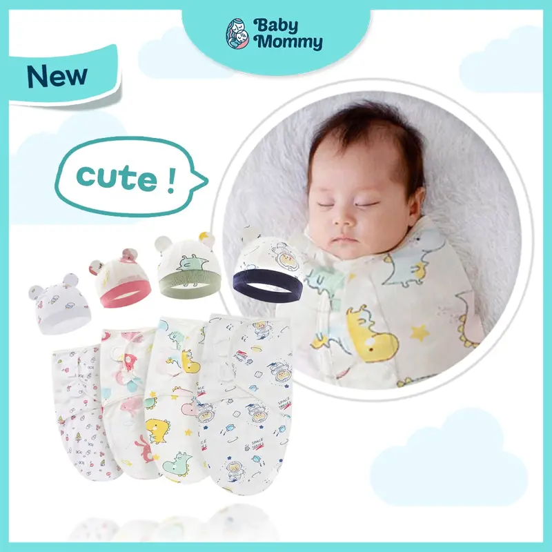 bedong bayi instan & topi swaddle baby newborn sleeping bag katun adem nyerap keringat 2