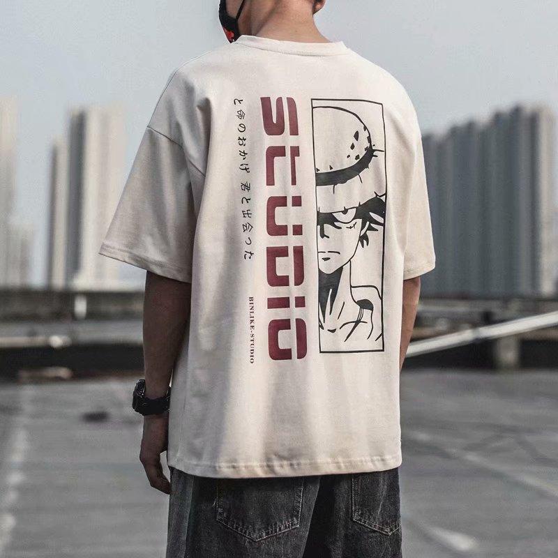 Kaos Spot summer top New Straw Hat One Piece ONEPIECE Anime Tshirts  Luffy shirt Print Pattern Tide Brand Trendy Loose Top Short Sleeve T-shirt round neck oversized shirt  for men 0