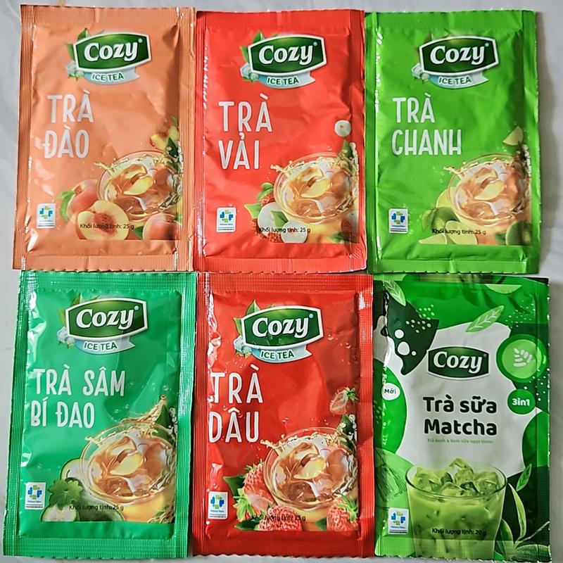 Combo 6 Dây (72 Gói) Trà Hoà Tan Cozy Tea - Gói 25Gr - Đủ 6 Vị Đào, Dâu, Vải, Chanh, Bí Đao, Trà Sữa Matcha