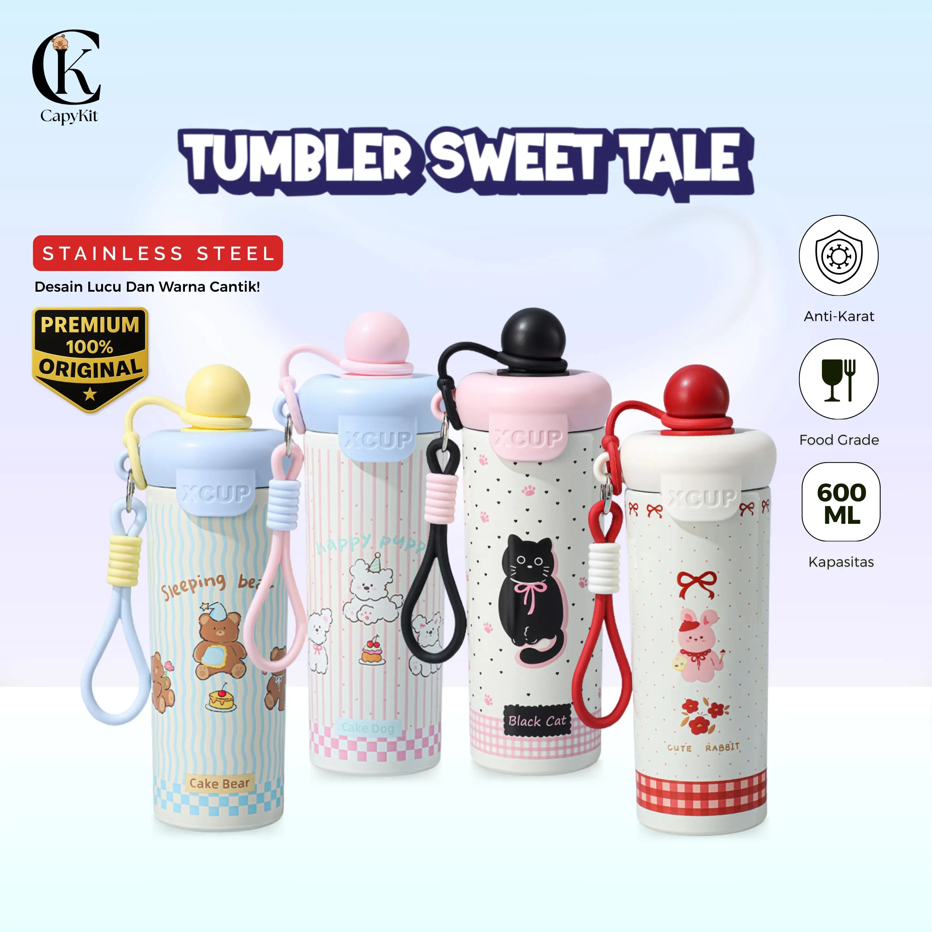 CapyKit Botol Minum Sweet Tale Stainless SUS316 600ml Tumbler Cute Aesthetic Anti Karat Dengan Sedotan Tahan Panas Dingin