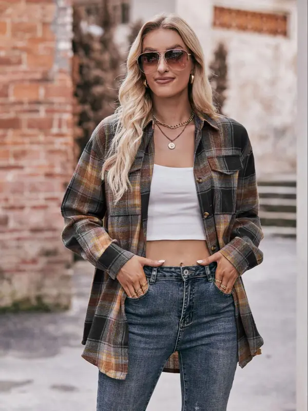 Women's Tartan Print Button Front Pocket Shirt, Casual Drop Shoulder Long Sleeve Top for Fall & Winter, Women's Clothes for Daily Wear 2