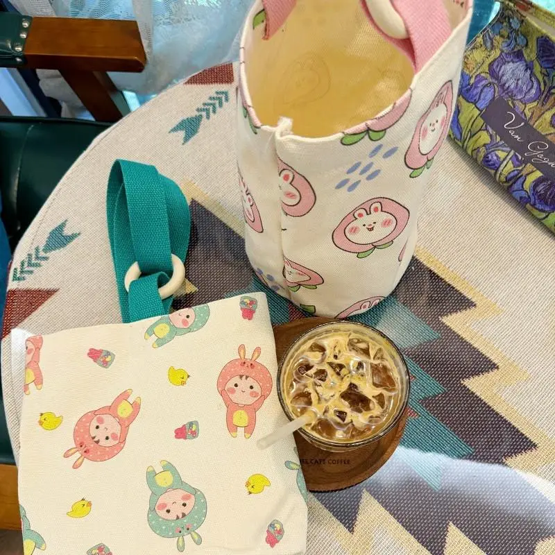 Túi vải canvas đựng bình ly giữ nhiệt có quai xách cute, Túi đựng bình hoạ tiết hoạt hình gấu trúc xinh xắn 5