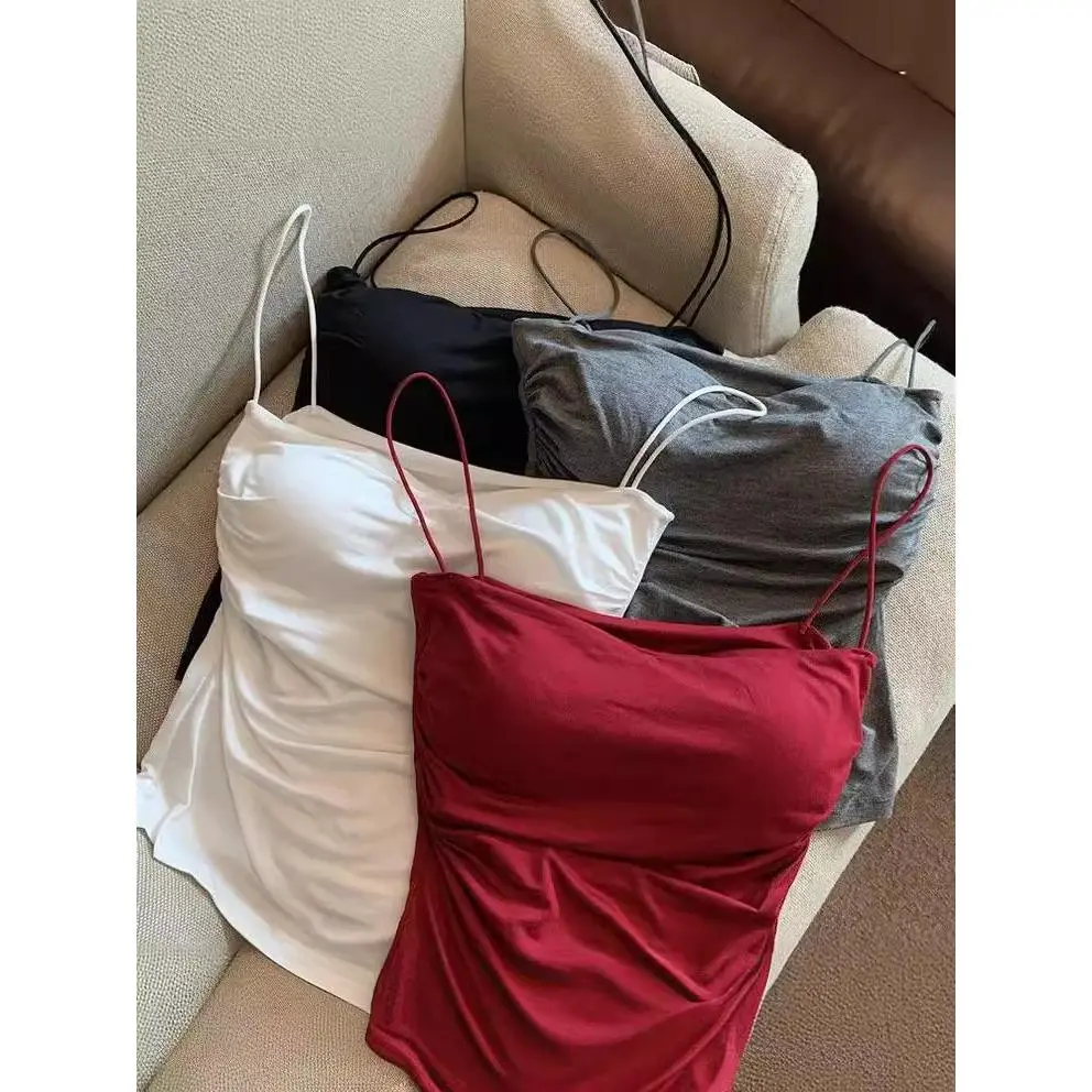Pure Pleated Small Sling Vest Women's Fixed Chest Pad Student Girl Hot Sale red  coquette