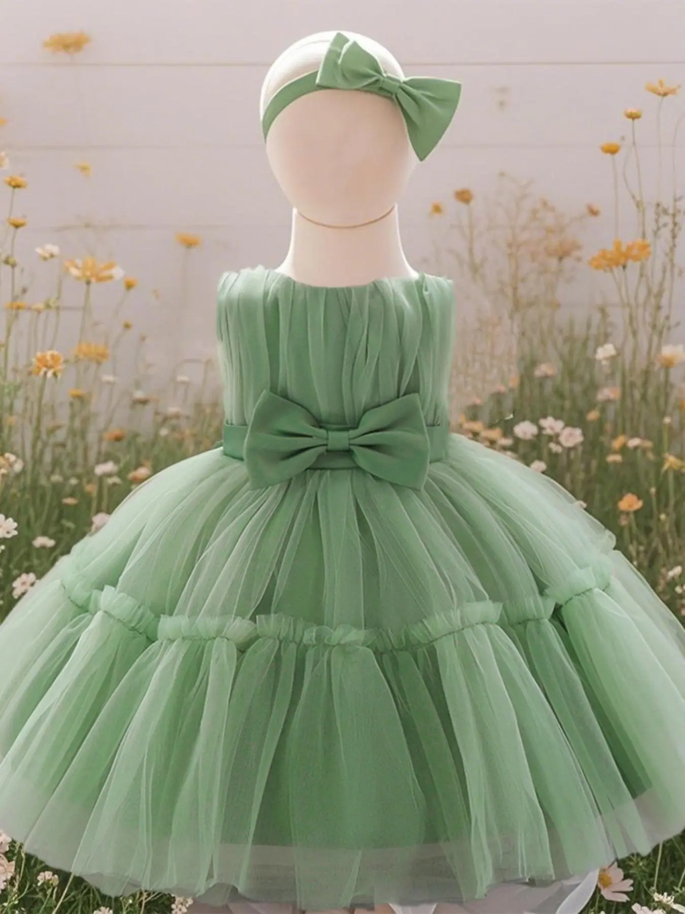 Toddler Girl's Solid Bow Decor Mesh Overlay Party Dress, Cute Romantic Flower Girls Wedding Tutu Gown, Kids Clothes for All Seasons