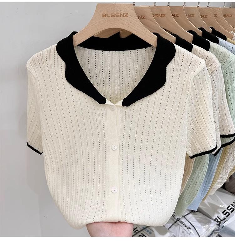 Product Introduction of Áo Cardigan Dệt Kim, ngắn Tay, Chất Liệu Lụa Ngầu Dành Cho Nữ, Mỏng Và Mùa Hè, Màu Sắc Tương Phản, Thiết Kế Độc Đáo Với Thiết Kế Áo Polo Rỗng Áo Cánh Nữ Hàng Đầu 6