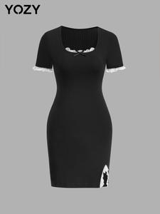 YOZY Women's Bow Decor Contrast Lace Split Ribbed Dress, Y2k Short Sleeve Dress for Daily Wear, Ladies Clothes for All Seasons