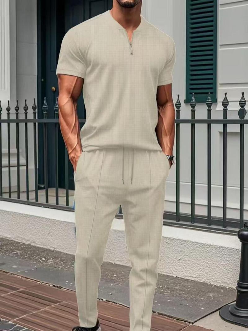Product Introduction of Men's Solid Color Half Zip Up Tee & Top-Stitching Drawstring Waist Pants Set, Regular Fit Casual Comfy Short Sleeve T-shirt & Pocket Trousers, Fashion Men's Two-Piece Outfits for Daily Wear 5