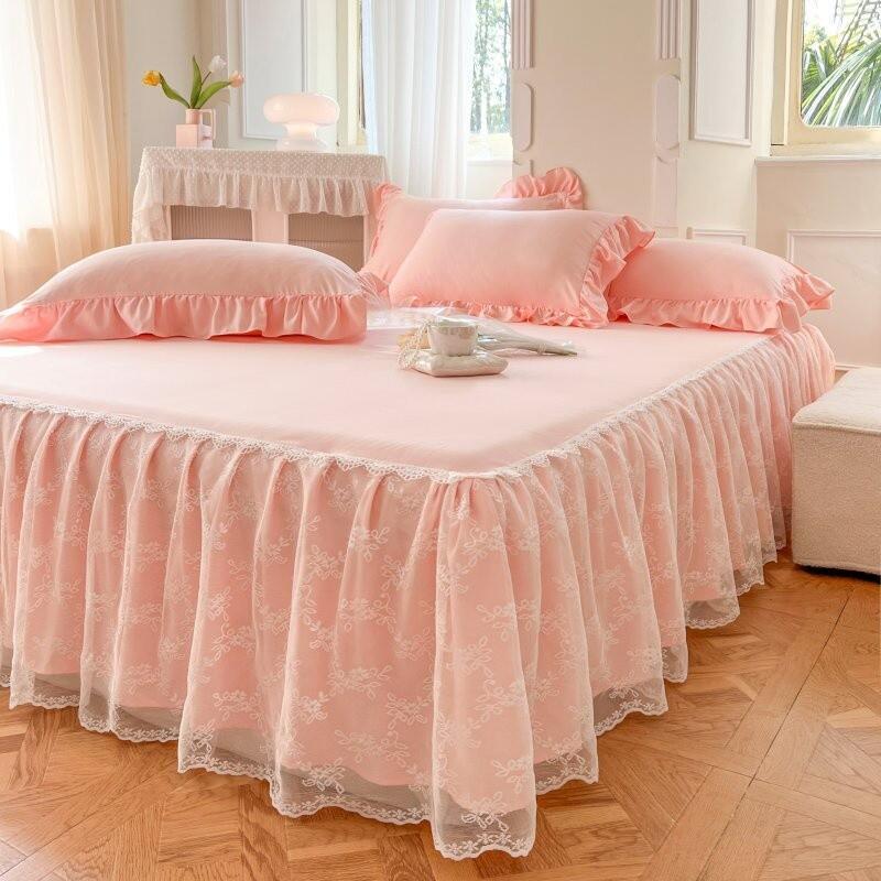 Product Introduction of 6 Color white Bed Sheet Cover With Lace Princess Style Bed Skirt Pure Color Wedding Bridal Bedsheet Skirting Pillowcase Queen King Size Cadar 6