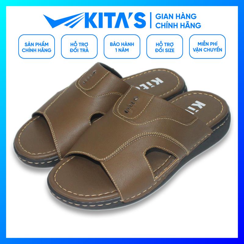  Dép Quai Ngang Nam KITAS 119-9599 - Da Bò Thật - Đế Cao Su - May Đế - Màu Đen Nâu Rêu - Size 38 39 40 41 42 43 44 45 46 