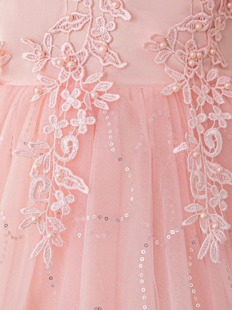 Product Introduction of Girl's Floral Embroidery Contrast Sequin Faux Pearls Zipper Back Fit and Flare Party Dress, Elegant Contrast Mesh Maxi Tutu Dress for Party Performance Wedding Guest, Kids Clothes for All Seasons 7