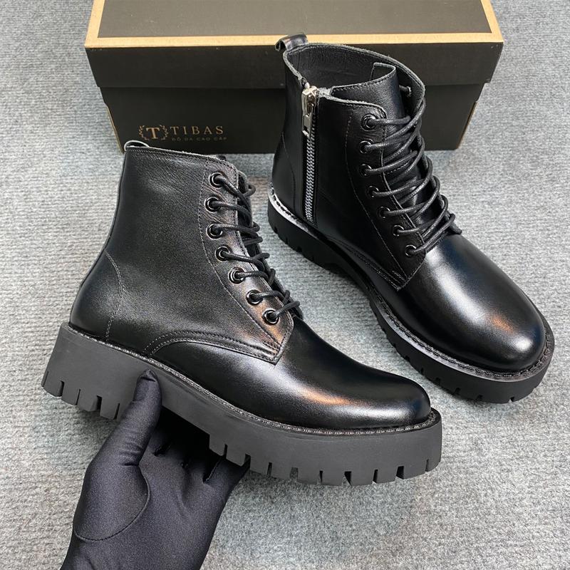 Giày Chunky Combat Boot TIBAS Da Nguyên Tấm Khoá Zip Giày Tây Nam Nữ Tăng Chiều Cao 5cm CK02
