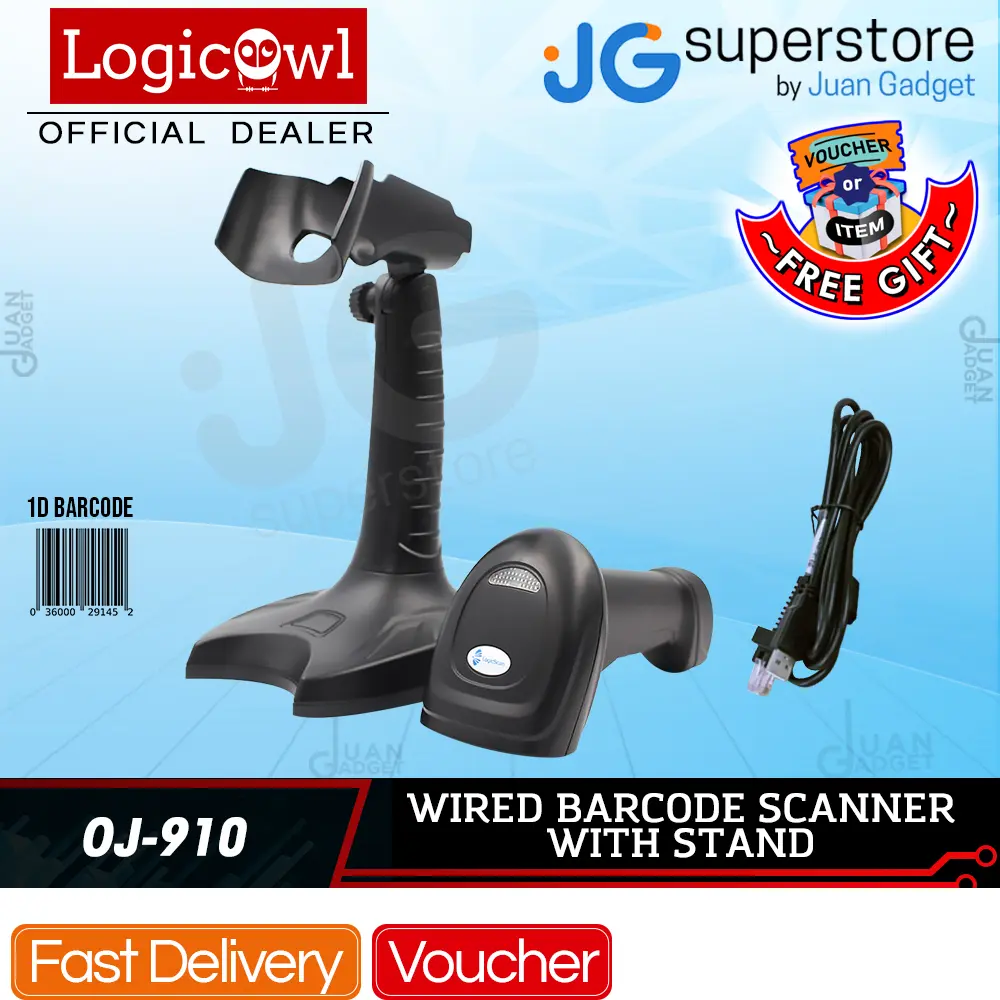 LogicOwl OJ-910 Barcode Scanner with Stand 1D Reader | JG Superstore