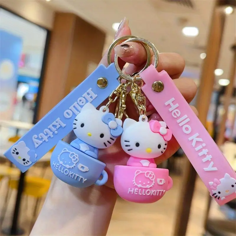 new Sanrio Hello Kitty PVC Keychain Set, Cartoon Coffee Cup Design, Cute Gift Bag Charm, Car Key Ring Accessory