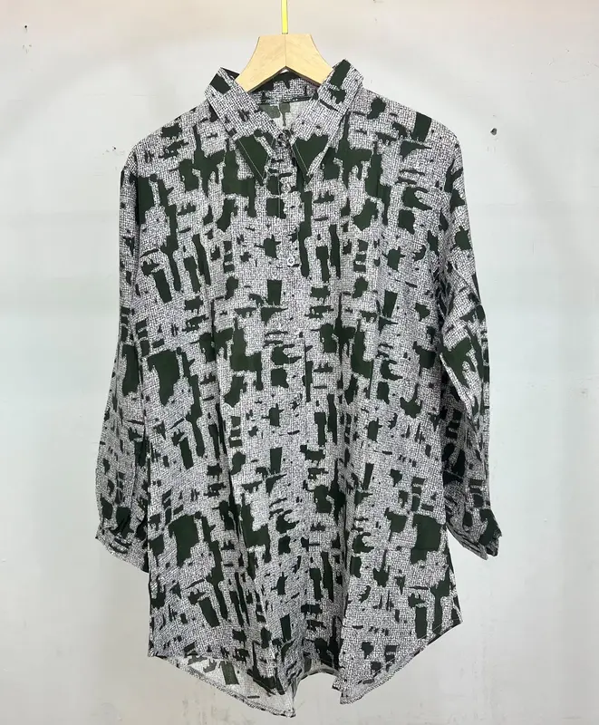 Tunik Kemeja Rayon Motif Diamond Kancing Baju Fit Tangan Balon Panjang 3