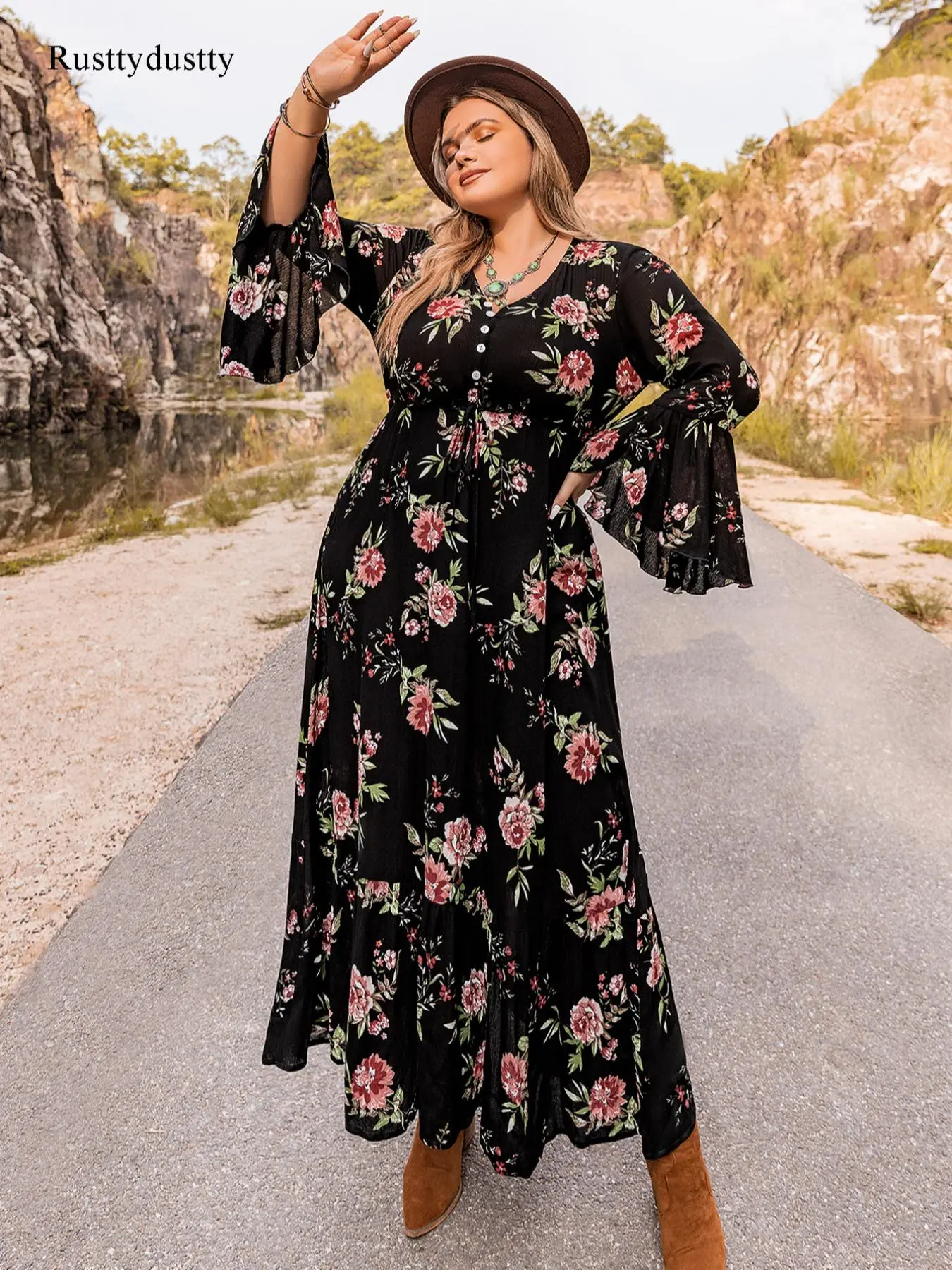 【 Plus Size】 Floral Print Ruffle Hem Dress, Elegant Flounce Sleeve V Neck A Line Dress, Dresses for Women, Women's Spring & Fall Clothes for Daily Wear, Back To School Summer Outfits 2024, Summer Dresses, Birthday Outfit Frenchy Style