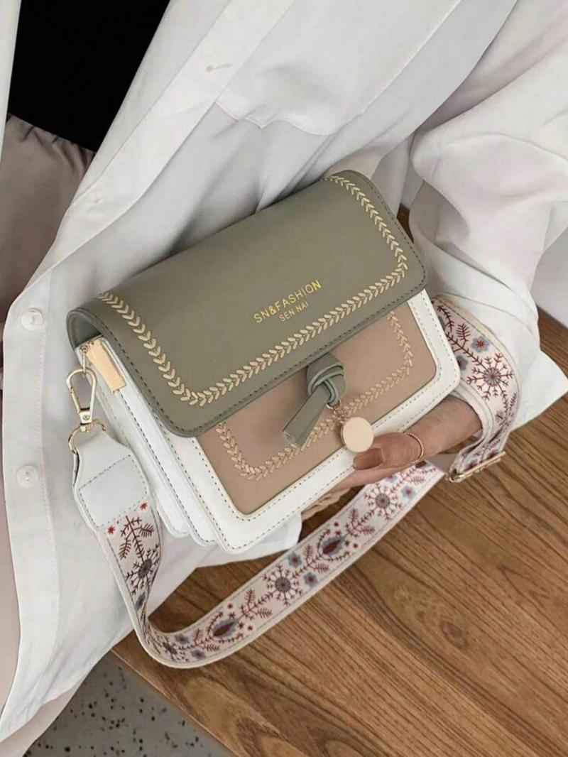 Product Introduction of Fashionable Colorblock Embroidering Design Crossbody Bag, Casual Versatile Patched Design Purse Bag for Women, Trendy High-quality Daily Commuting Bag, Purse 0