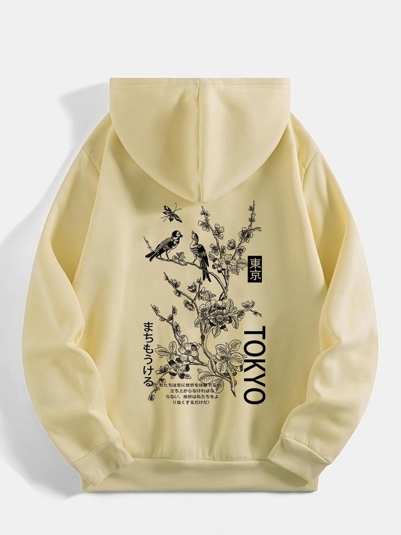 Product Introduction of Unisex Floral & Bird & Letter Print Drop Shoulder Hoodie, Regular Fit Street Drawstring Pocket Hooded Sweatshirt for Daily Holiday Outdoor Wear, Clothes for Fall & Winter 3