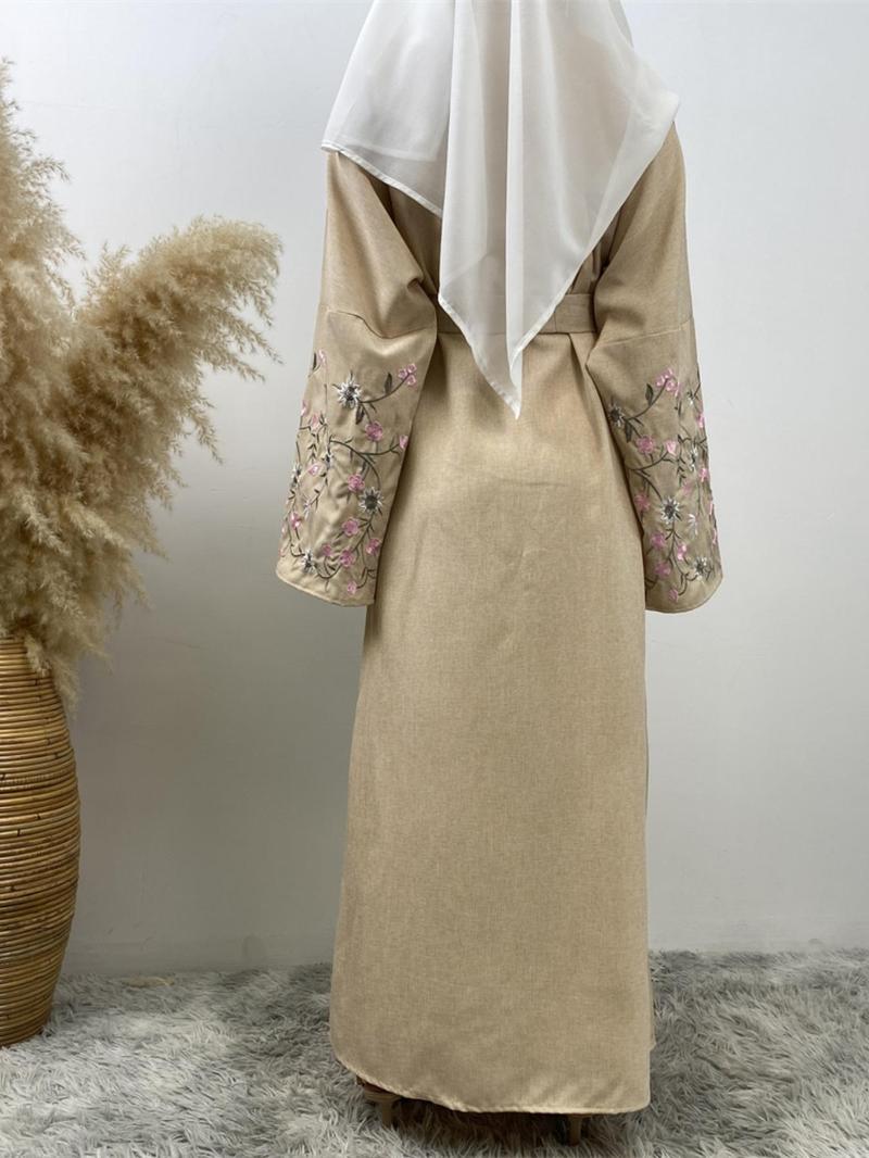 Product Introduction of Women's Floral Embroidery Long Sleeve Belted Abaya, Modest Casual Long Abaya Dress for Daily Wear, Women's Islamic Clothing for Spring & Fall 2