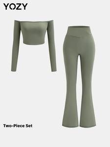 YOZY-GOOO Women's Solid Off Shoulder Crop Top & High Waist Flare Leg Pants Two-piece Set, Casual Fashion Cozy Breathable Two Piece Outfits for Daily Outdoor Wear, Ladies Clothes for All Seasons, Tummy Flattering