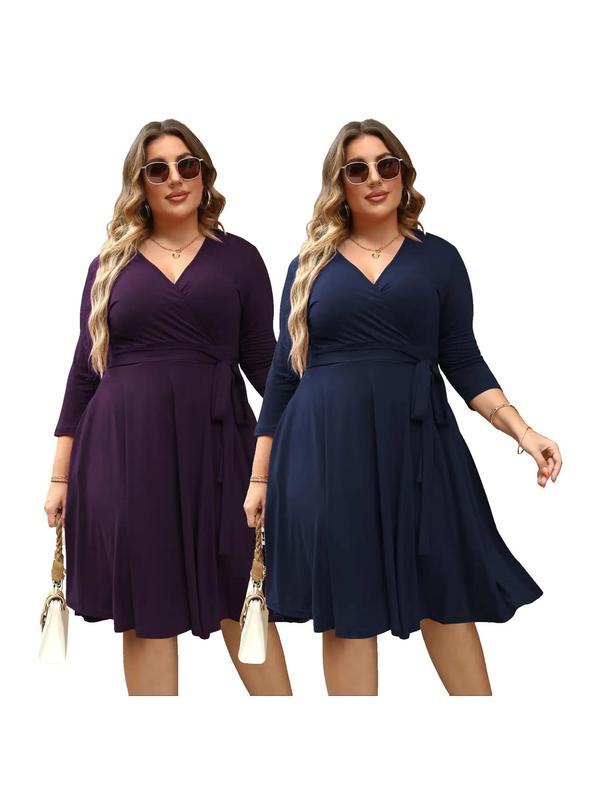 【Plus Size】Trendy Plain Wrap V Neck Belted A Line Plus Size Dress, Women's 3/4 Length Sleeve Solid Dress, Summer Dresses, Womenswear 6