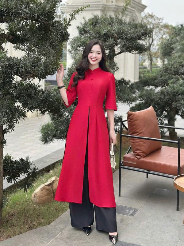 Áo dài cách tân nữ thiết kế Nhật Vy xẻ tà tay lửng kèm quần mặc tết chụp ảnh - D3222