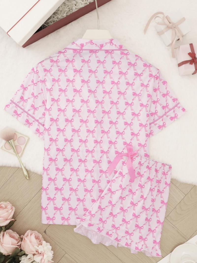 Product Introduction of Women's All Over Bow Print Short Sleeve Lapel Neck Shirt & Bow Decor Elastic Waist Shorts Pajama Two-Piece Set, Casual Comfy Button Front Chest Pocket Design Top & Ruffle Hem Shorts PJ Set, Ladies Sleepwear for Summer 9