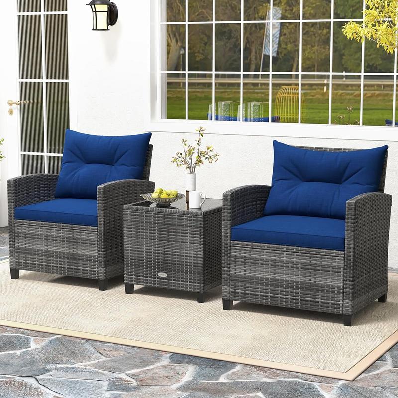3 Pieces Outdoor Rattan Bistro Set, Patio Wicker Conversation Furniture Set with Cushions & Tempered Glass Tabletop, Metal Frame Garden Conservatory Sofa Table for Porch Balcony (Navy) 8