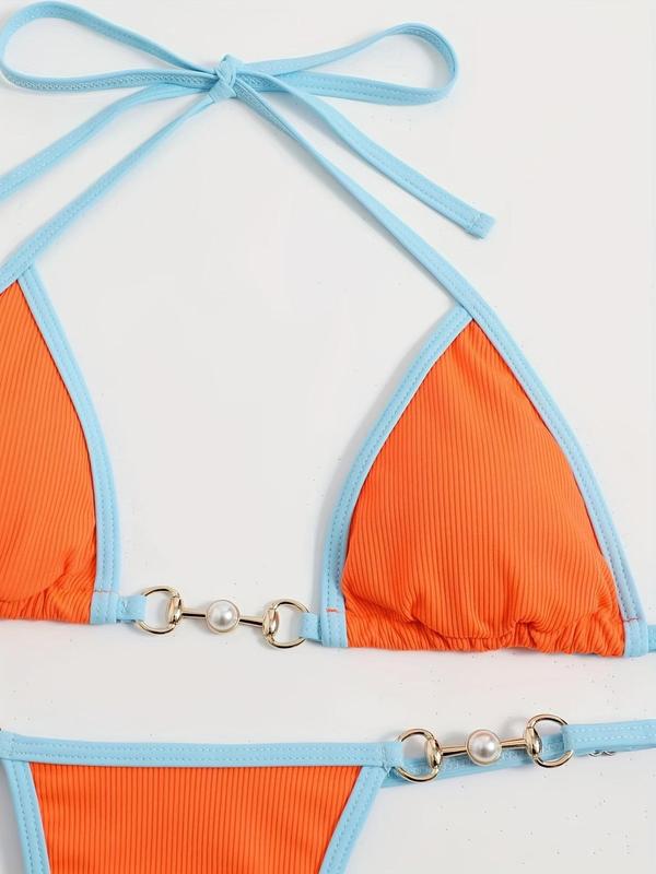 Women's Contrast Binding Faux Pearls Decor Ring Linked Design Sexy Skinny Bikini Set, 2024 Fashionable Summer New Halter Neck Triangle Swim Top & Swim Thong for Beach, Women's Swimwear for All Seasons 7