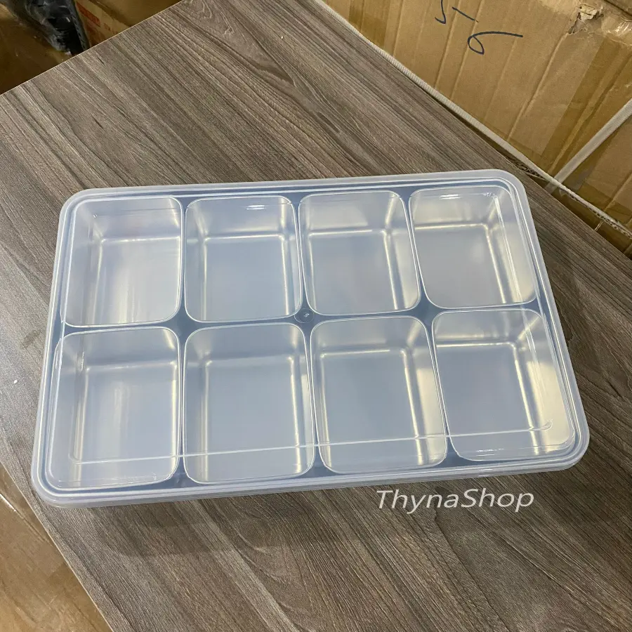 Set 6/8 khay inox đựng topping trà sữa, gia vị, bánh mì, thực phẩm (nắp nhựa trong)