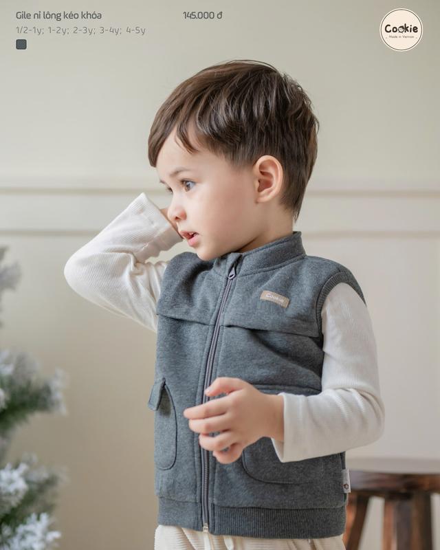 Áo Gile Trẻ Em Nỉ Lông Kéo Khóa Cookie Cho Bé Size 1/2-1Y Đến 4-5Y, Áo Khoác Cho Bé, Áo Gile, Áo Đông Cho Bé Kem