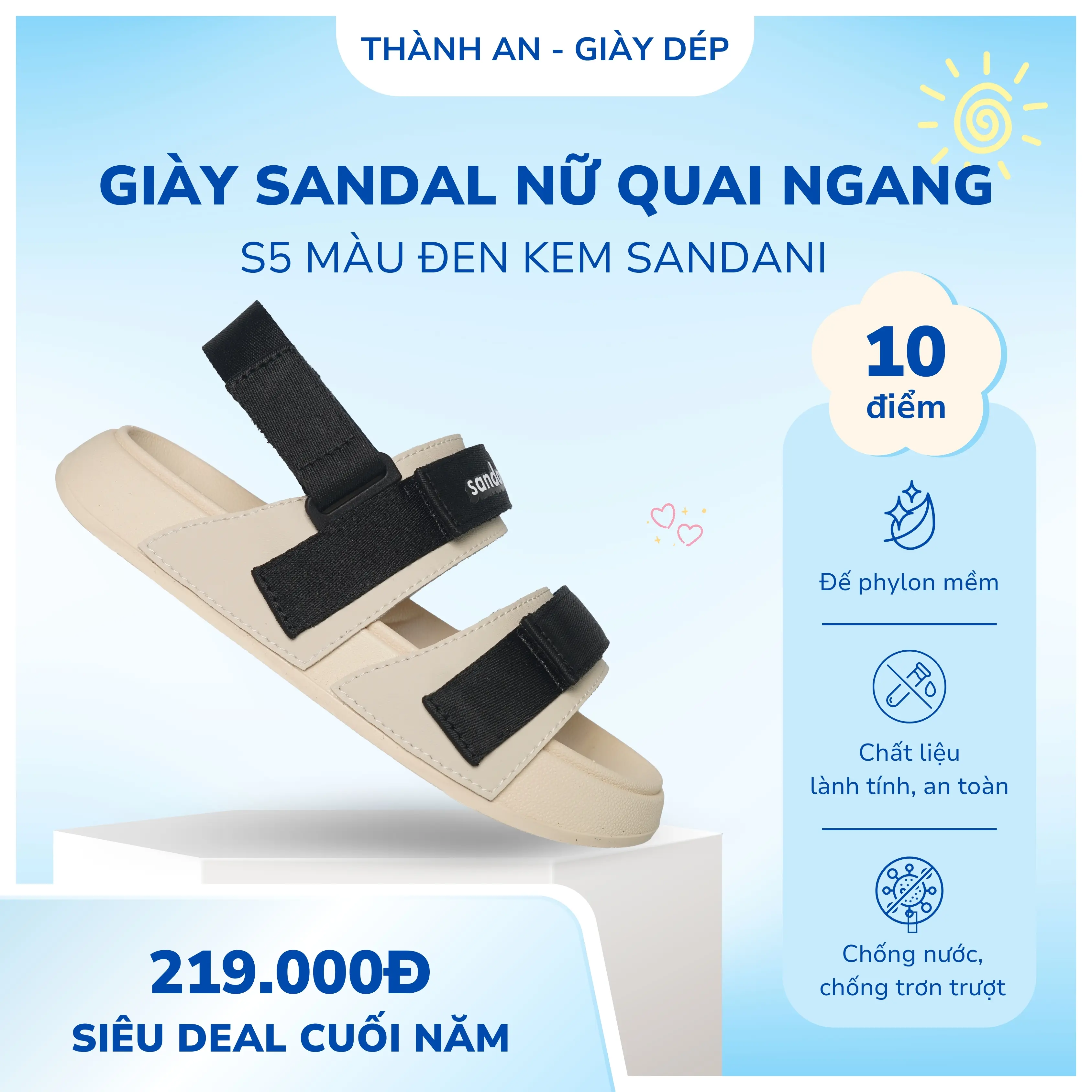 Dép Sandal Nữ Sandani S5 Đen Be - Đế Phylon Nhẹ Êm, Quai Dù Bền, Đi Học Đi Chơi - Cao Su, Dép - Chống Trơn, Shoes