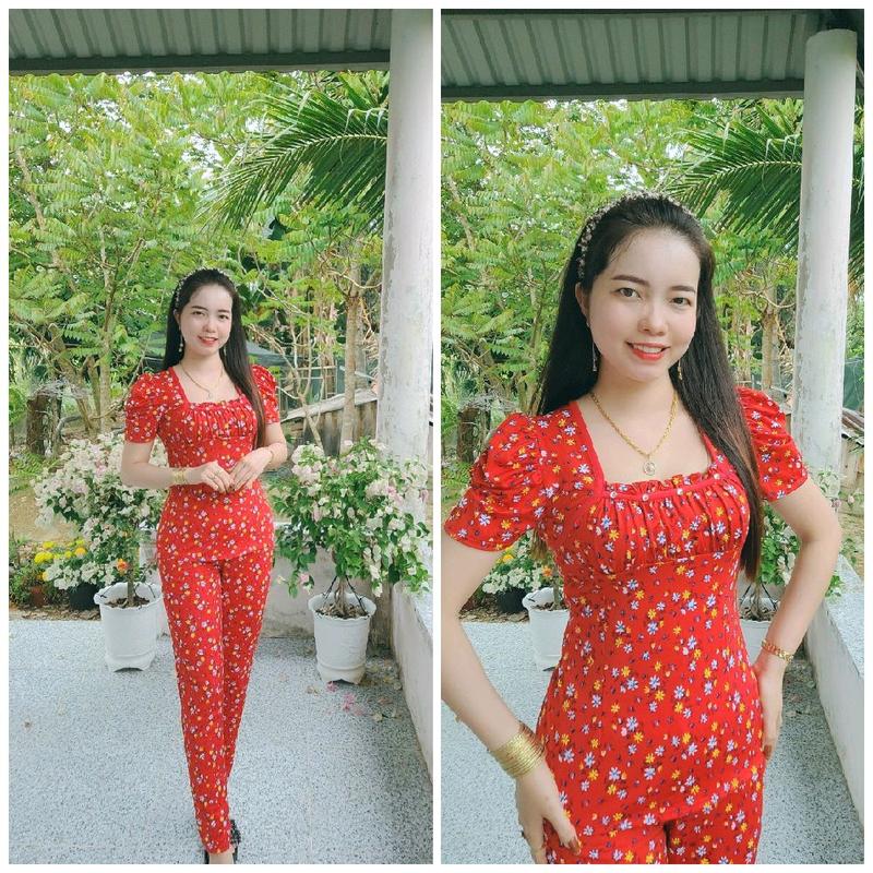 đồ bộ thun hoa nhí cổ vuông phối màu tay phồng quần dài ống nhỏ size 40-78kg Nữ Áo