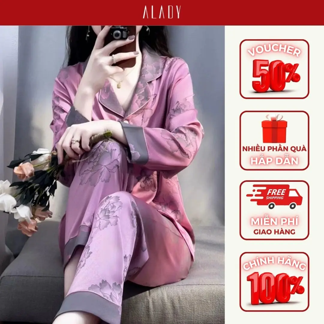 ALADY TD004 - Đồ bộ nữ Pijama Họa Tiết Hoa Tím huyền bí, chất liệu lụa Latin Mềm Mại , Nhẹ Nhàng- Quần Áo  Ngủ, Dressing Tim