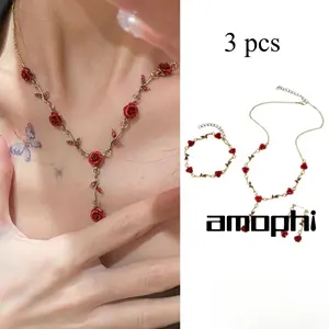 amophi Perhiasan Bunga Retro Prancis Romantis Mawar Gelang Niche Kalung Kalung Tinggi Versatile Set Kalung Tinggi 3-Piece C241