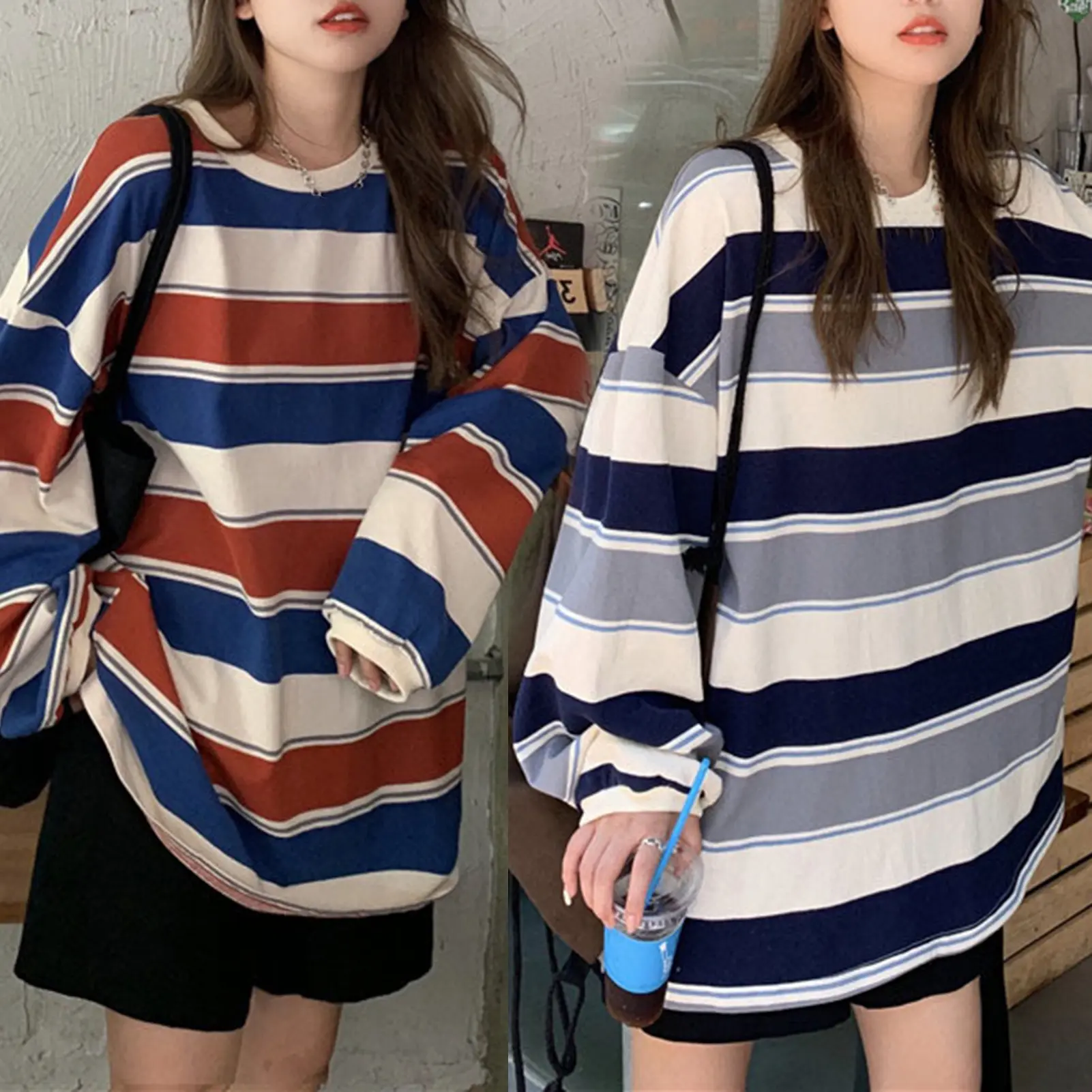 Áo Thun Dài Tay Cho Nữ, Dáng Rộng, Cổ Tròn, Thường Ngày, Retro, Sọc Dễ Phối Đồ, Thời Trang Dạo Phố, Áo Rộng Để Mặc Hàng Ngày