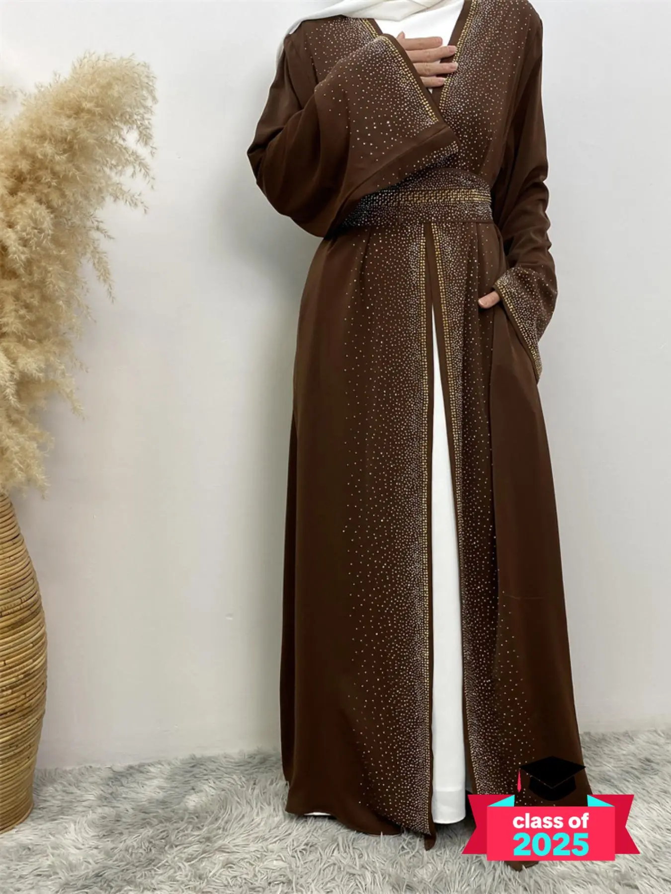 Women's Glitter Rhinestone Embellished Belted Abaya, Modest Long Sleeve Open Front Abayas, Abaya for Women, Women's Islamic Clothing for Spring & Fall, Holiday Outfits, Women's Islamic Clothing, Abayas for Women, Modest Clothes