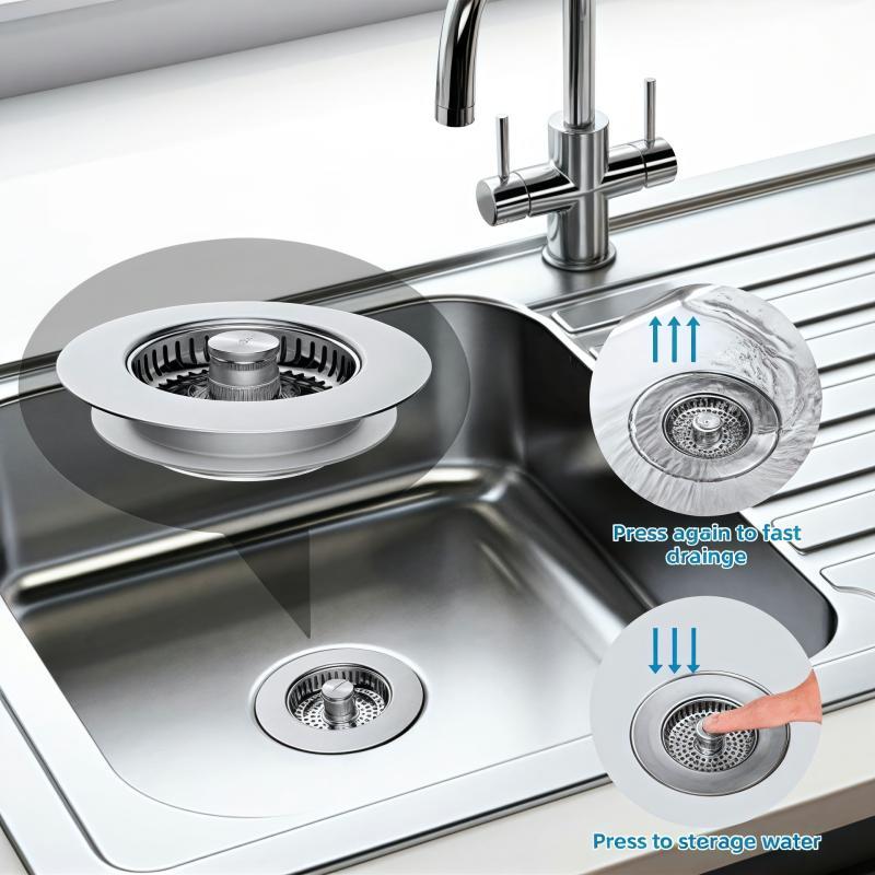 3 in 1 Kitchen Sink Drain Strainer, Stainless Steel Sink Stopper, Anti-clogging Sink Food Catcher Basket, Fast Drainage Odor Filter Sink Plug for US Standard 3 1/2 Inch Drain, Drain Cover 4