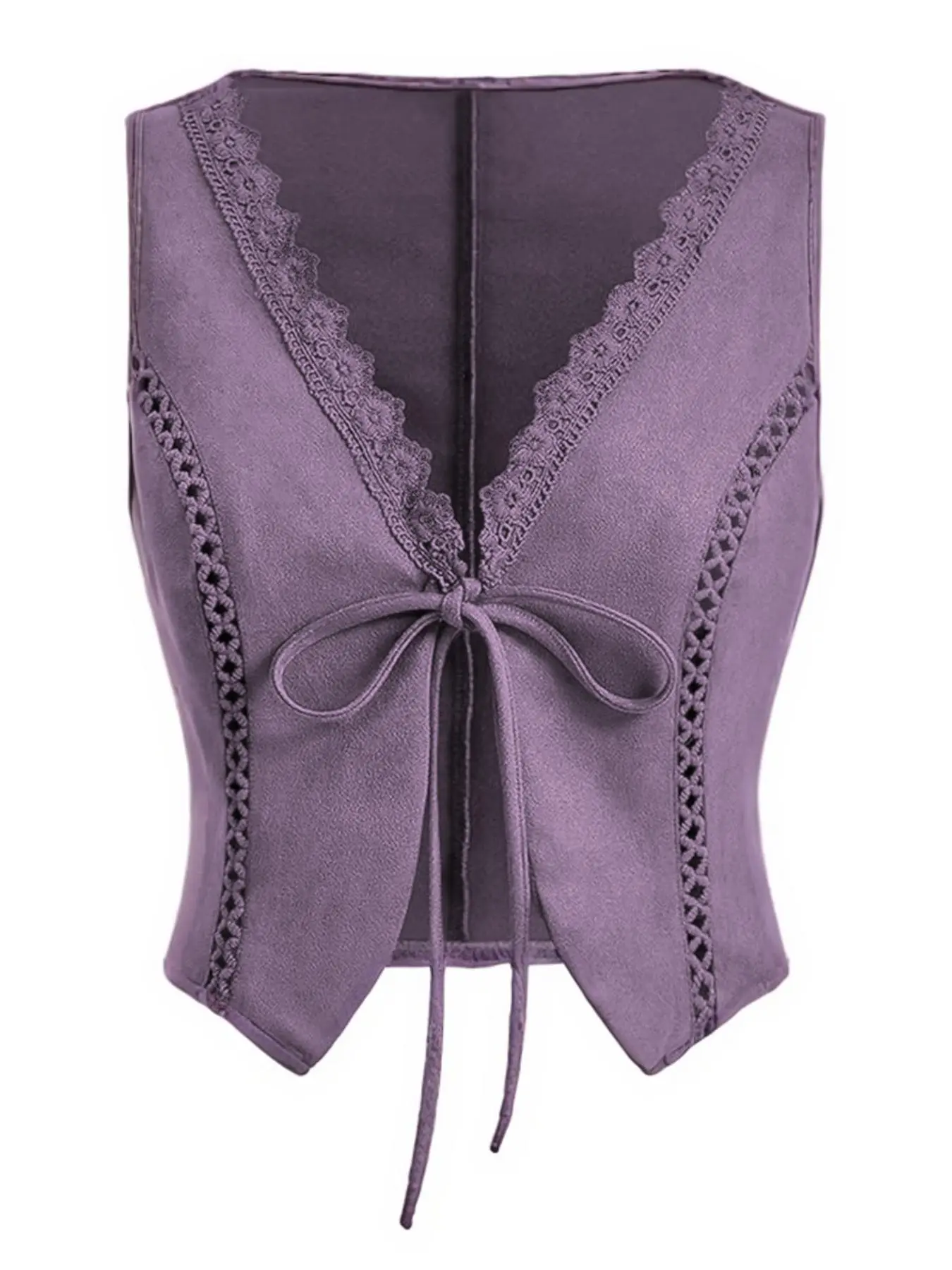 Women's Solid Color Lace Trim Suede Vest Jacket, Retro Fashion Casual Tie Front Outerwear for Daily Outdoor Wear, Ladies Clothes for Spring & Fall, Going Out Tops