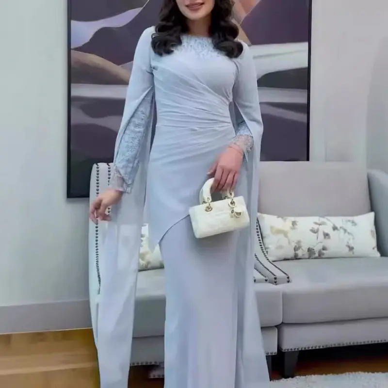 Pakaian Wanita, Gaya Eropah dan Amerika, Ketibaan Baru Musim Luruh 2025, Rekaan Comel dan Seksi, Pinggang Berlipat, Ketat, Tidak Teratur, Gaun Panjang Casual Dresses Lengan